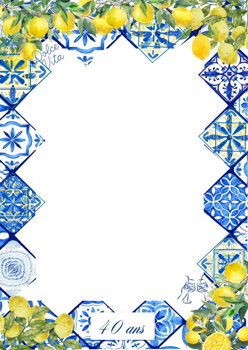 Cadre de tirage azulejos bleus et citrons pour un anniversaire