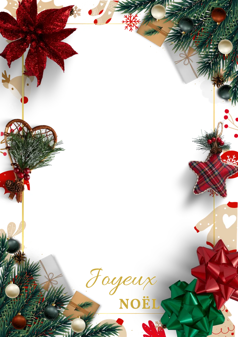Cadre de tirage Joyeux Noël avec sapin, cadeaux et décorations