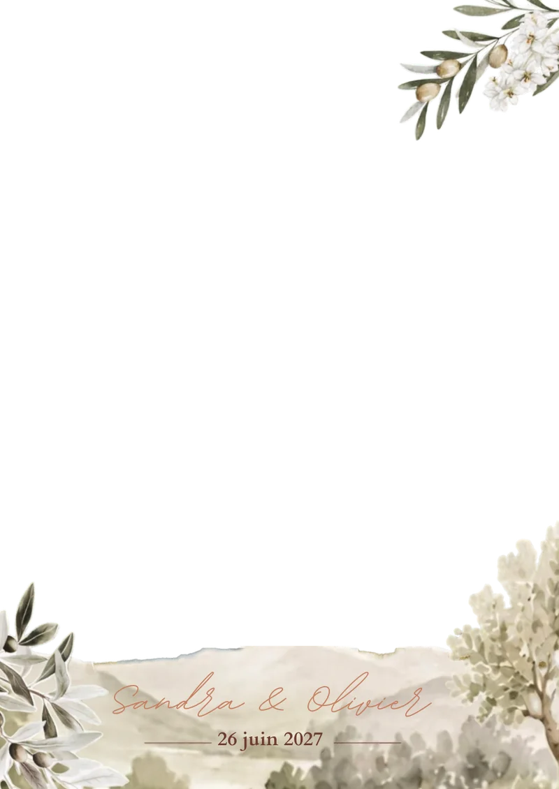Cadre de tirage mariage aux branches d’olivier et paysage aquarelle